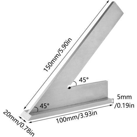 Regla angular de 45 grados, acero al carbono de alta precisión, regla angular de 45 grados con asiento, herramienta de medición manual para carpinteros (150 x 100 mm) (1/4)