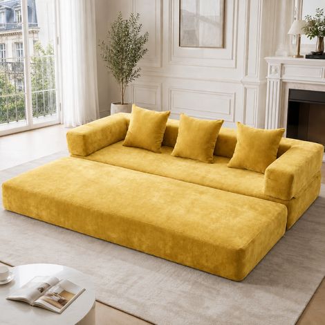 Canapé modulable 198x79x60 cm en chenille jaune avec poches latérales, pour petit espace – MEUBLIV (1/5)
