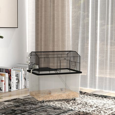 Cage hamster rongeur 2 étages avec roulettes plate-forme et échelle en fil d'acier 57 x 43 x cm - noir