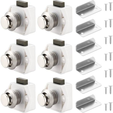 Loquet à bouton poussoir blanc pour tiroirs et armoires – Lot de 6, fixation facile, usage intérieur/extérieur, résistant aux intempéries (1/4)