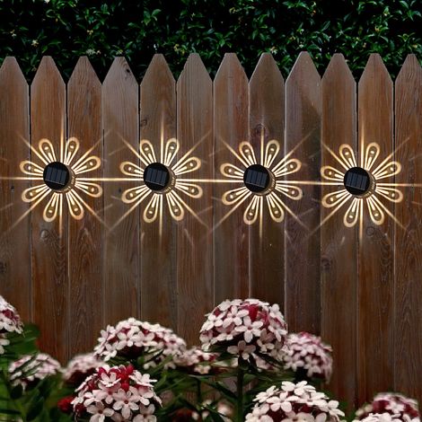 Juego de 4 luces solares exteriores impermeables, apliques solares de pared, iluminación para patio con función de encendido/apagado automático, ideales para vallas, jardines, patios, entradas y terra (1/5)