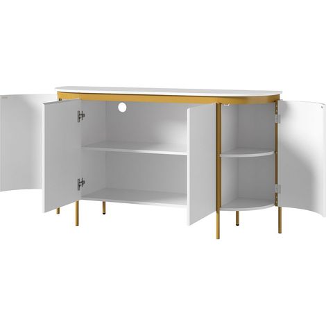 Buffet 4 portes structure en mdf pieds en fer extrémités ovales arrondies détails rainurés étagère intérieure (1/3)