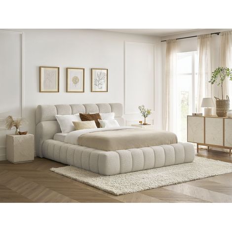 Bobochic – Lit coffre MONT-BLANC 160x200 – Tissu bouclette beige – Hauteur 105cm – Avec coffre et lattes incluses – Fabrication Europe (1/5)