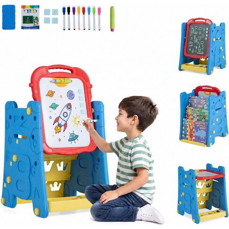 Pour dessiner et lire, un espace créatif bien rangé avec ce chevalet enfant bleu, tableau blanc et ardoise double face (1/5)
