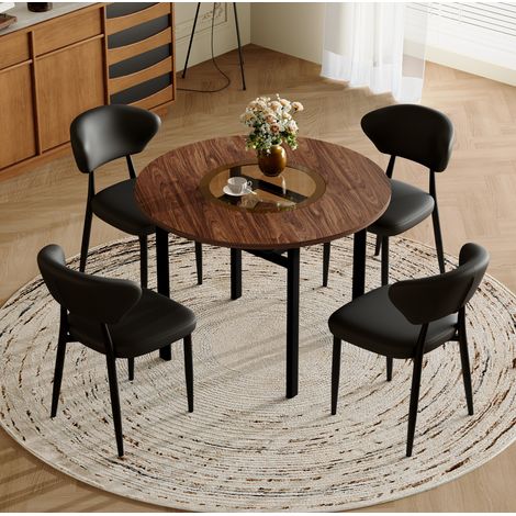 Conjunto de mesa de comedor redonda 100 cm con 4 sillas de PU negro y marrón DESVIAE (1/5)