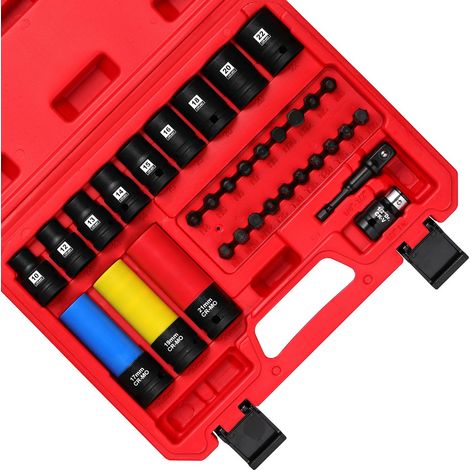 Lot de 33 douilles à douille 1/2", 10 mm à 22 mm, 6 points, acier CR-MO, avec douilles de roue, adaptateur de perceuse et douilles hexagonales (1/5)