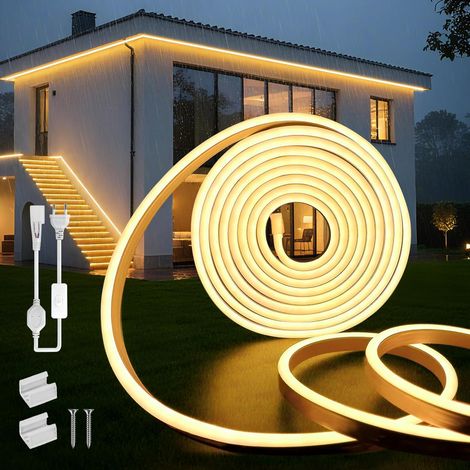 Neon Ruban LED Exterieur 10m Blanc Chaud 3000K Néon Bandeau Led 220V Exterieur Etanche IP65 Imperméable Bande LEDs DIY Flexible Découpable Rubans à Leds 120LED/m Avec Alimentation (1/5)