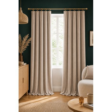 Lot de 2 rideaux velours pampa 140 x 270 cm ajustables – Anneaux pince – Coton épais – CÉSAR (1/5)
