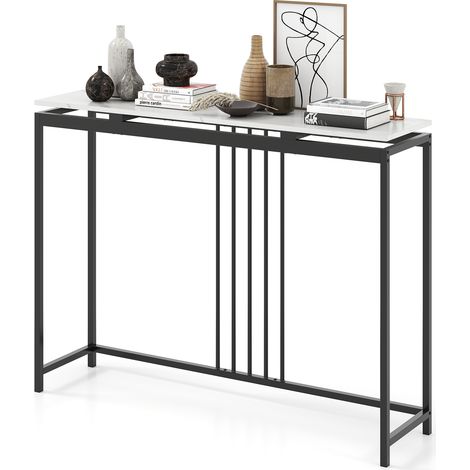COSTWAY Console Table 120cm Narrow Entryway Table w/Faux Marble Tabletop-White