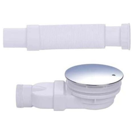 Chrom-Duschwanne mit extraflachem Siphon und 90-mm-Ablauf, seitlicher Ablaufsiphon mit Anti-Geruchssystem, Haarsieb, flexibler Schlauch, Chromabdeckung, weiß, einteilig