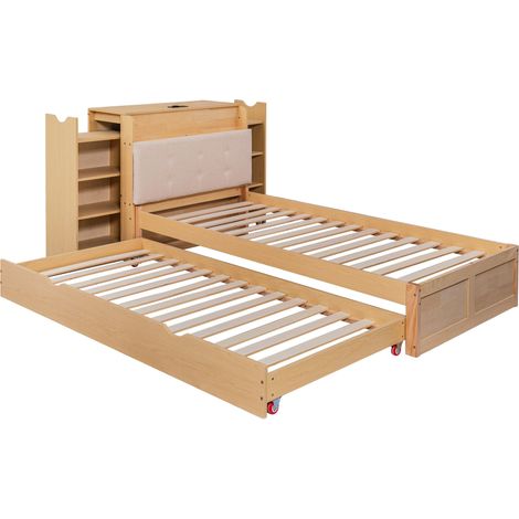 Lit de rangement 90 x 200 cm avec lit gigogne escamotable, lit tout-en-un pour l’étude et le sommeil avec tête de lit rembourrée, port USB UE, design peu encombrant pour enfants et adultes, naturel (1/5)