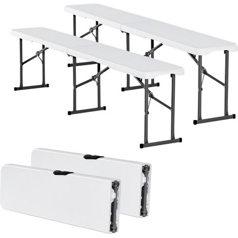 Banc pliant en plastique, 1820 mm, banc d'extérieur pliable portable, lisse en PEHD imperméable, siège de pique-nique, de salle à manger avec poignée de transport, pour jardin, blanc (2 pièces) (1/5)