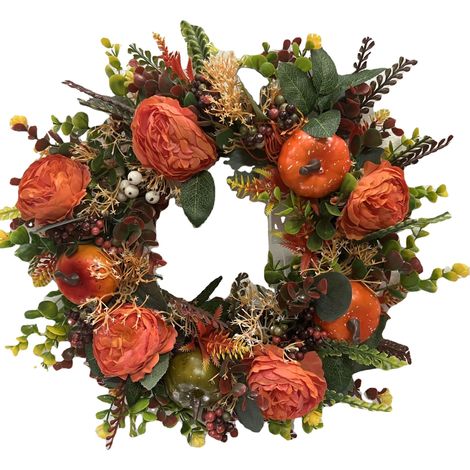 Künstlicher Kürbiskranz, Herbstblumenkranz für drinnen und draußen, runder Türkranz, Erntedankkranz
