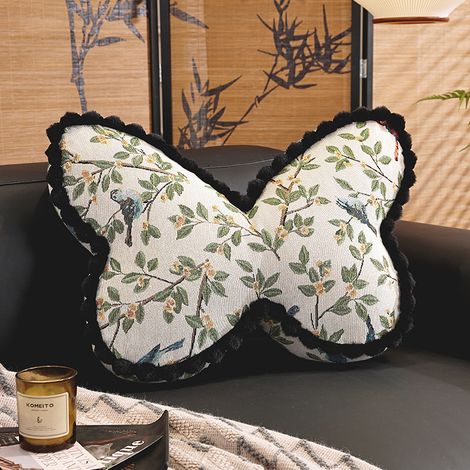 Coussins à motifs papillons, coussins à imprimé oiseaux de style champêtre, ornés de jolis pompons, convenant aux lits, jardins ou canapés. (1/5)