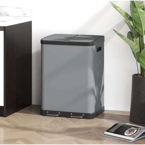 Cubo de basura doble con pedal 2 x 30 L metal gris 48,8 x 39,5 x 67 cm DESVIAE (1/5)