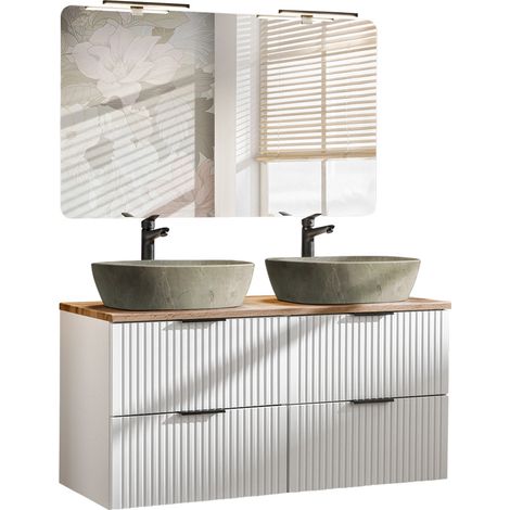 Badmöbel Set matt weiß gerillt ADELAIDE-56-WHITE LED-Spiegel,120 cm Doppel Waschtisch mit Keramikbecken (1/5)
