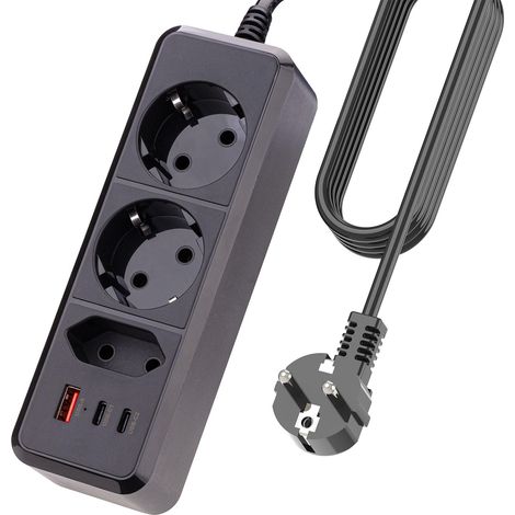 Regleta de enchufes USB 6 en 1, con protector contra sobretensiones USB C, pequeña regleta de pared para el hogar, la oficina y la universidad, cable de 1,5 m.