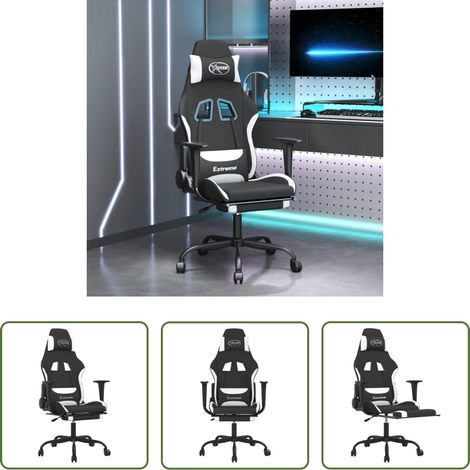 Massagestuhl - Gaming-Stuhl mit Massage & Fußstütze Schwarz und Weiß Stoff (1/5)