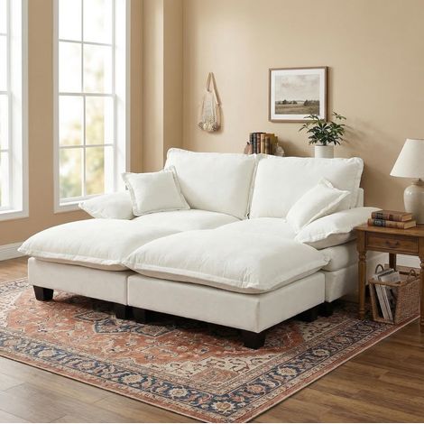 Divano angolare modulare 194x151x90 cm beige in ciniglia con design a vela e ottomani mobili (1/5)