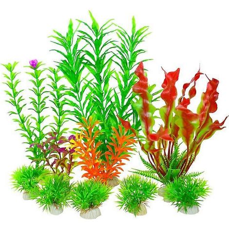 Lot de 10 plantes décoratives artificielles vertes pour aquarium, avec rochers et grottes en polyrésine pour décorer un aquarium. (1/5)
