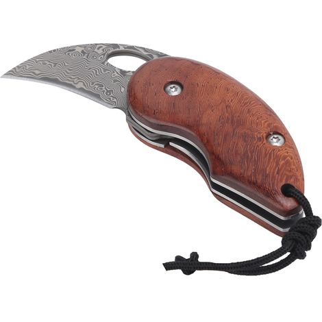 Mini couteau pliant d'extérieur à manche en bois, lame en acier damas, étui inclus. Manche en palissandre. (1/5)