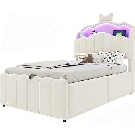 Letto Bambino Contenitore 200 x 90 cm in Velluto, USB, USB-C e LED, senza Materasso, Beige (1/5)