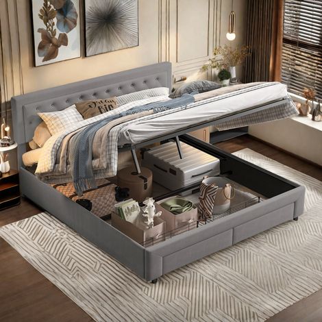 Lit coffre 160 x 200 cm, lit 160x200 avec sommier, lit double, avec 2 tiroirs, cadre de lit, avec tete de lit, Gris, velours (1/5)