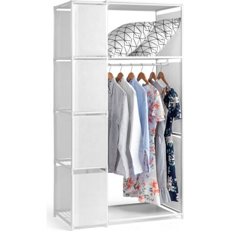 Armoire penderie suspendue 4 niveaux 88.5x44.5x162.5cm blanc, dressing tissu avec rideau et rangements