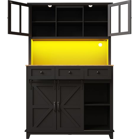 Buffet haut en MDF avec éclairage LED appuyé, 105×38,4×180 cm, noir, portes vitrées et étagères réglables (1/5)