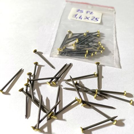 CHIODI ACCIAIO mm. 1.4X25 TESTA BOMBATA OTTONATA-CONFEZ. DA 25 -OFFERTA- (1/2)