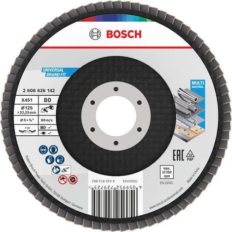 Bosch X451 Fächerschleifscheibe, 125 x 22,23 mm, K80, Z29, 15-tlg (1/3)