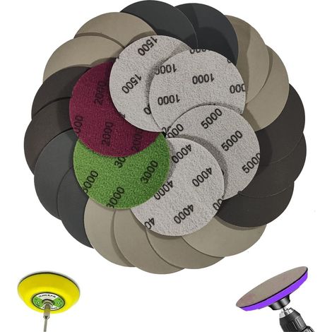 Lot de 24 Disques de Ponçage, Rond Papier de Verre, 80mm Disques Abrasifs Auto-Agrippants, Disques Abrasif de Ponçage Humide et Sec, pour Métal Bois - Grain 1000/1500/2000/3000/4000/5000 (1/5)