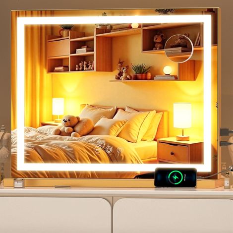 Miroir de beauté avec lumières, 55 x 45 cm Miroir de Maquillage LED avec grossissement 10x et 3 températures de Couleur, Miroir de Table à Commande Tactile, Rotation à 360°, doré (1/5)