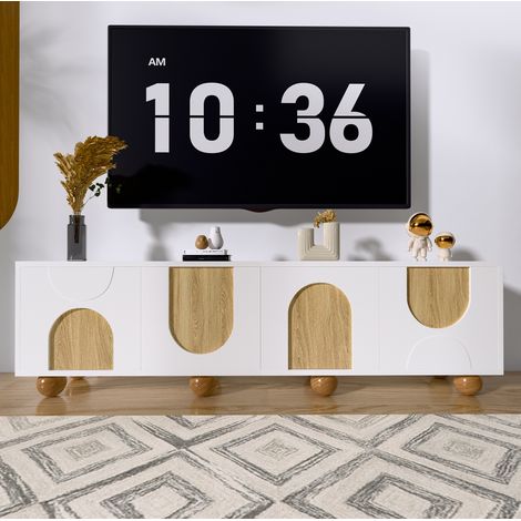 Meuble TV MDF et PB blanc et naturel 175 x 38 x 50 cm, 4 portes, grand rangement, pieds en bois (1/5)