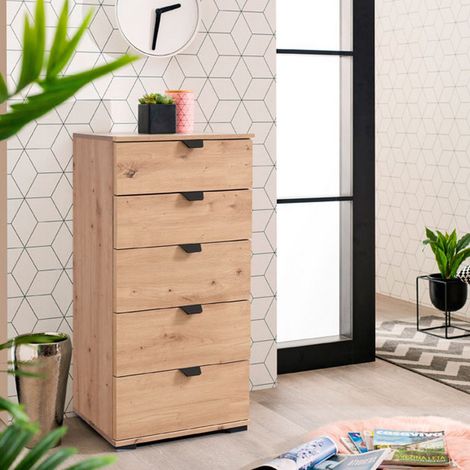 Kommode Mainarda, 5 Schubladen, Schiebemechanik, 45x40x95 cm, Eiche Natur Braun (1/5)
