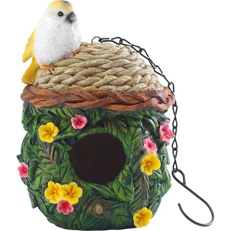 Casita para pájaros colgante decorativa, linda jaula de resina para exteriores, figura de casita para pájaros colgante para cacatúas, guacamayos, periquitos y pinzones. (1/5)