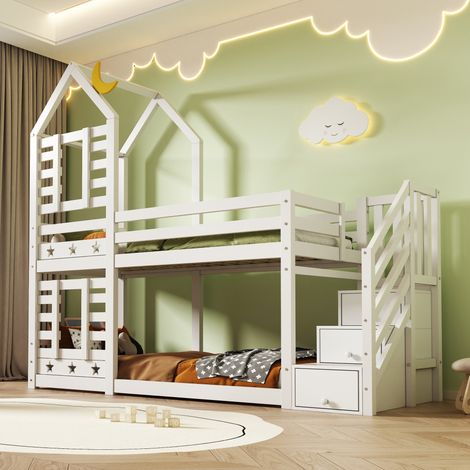 Litera infantil de madera blanca 90x200 cm con escaleras con almacenaje y 2 cajones (1/5)