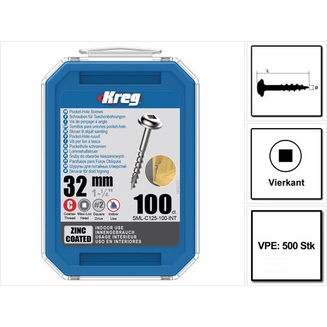 KREG Pocket-Hole Linsenkopfschraube 32 mm 500 Stk ( SML-C125-500 ) Vierkant Antrieb Teilgewinde Grobgewinde selbstschneidend verzinkt