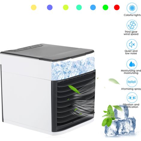 Mini climatiseur portable, ventilateur, humidificateur d'air par évaporation silencieux, climatiseur personnel USB, 3 vitesses, rafraîchisseur d'air de nuit avec LED, purificateur d'air et humidificat (1/3)