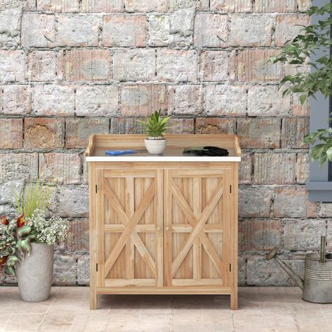 Table de rempotage armoire de rangement avec 2 étagères, plateau galvanisé patins antidérapants en bois sapin (1/5)