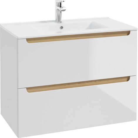 Petits-Meubles – Meuble sous vasque simple 80cm – 2 tiroirs – Vasque céramique blanche laquée – Panneaux MDF et mélaminé FSC – Installation suspendue (1/5)