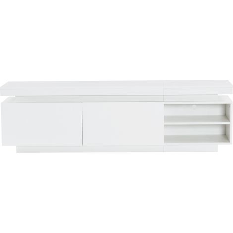Meuble TV blanc laqué avec éclairage LED, support jusqu'à 70 pouces, rangement avec 2 portes, meuble TV moderne 170x35x50 cm (1/5)