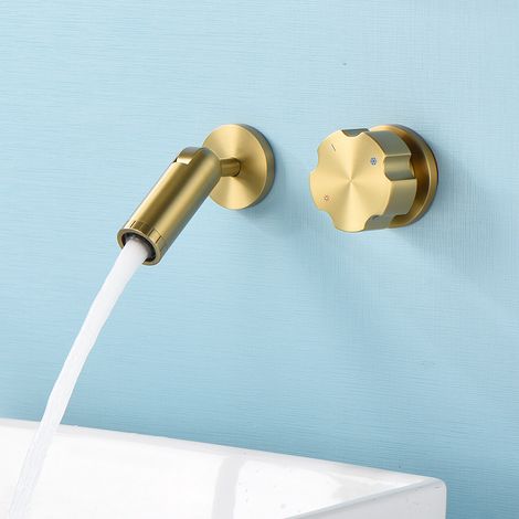 Robinet de Lavabo Encastré Murale en Cuivre Massif, Mitigeur Eau Froide et Chaude, Salle de Bain (1/3)