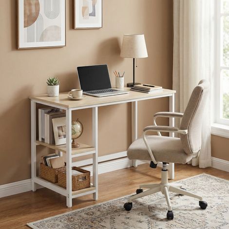 Bureau d'Ordinateur avec 2 Étagères à Gauche ou à Droite, Bureau d'Écriture, Table de Travail pour Bureau, Salon, Structure en Acier, Beige et Blanc (1/5)