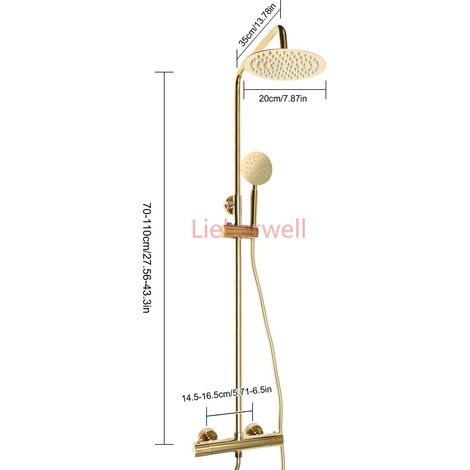 Système de douche de pluie thermostatique doré de 20cm, luminaire de salle de bains moderne en laiton avec technologie de suralimentation d'air rotative à 360 degrés, mur de douche à main (1/5)