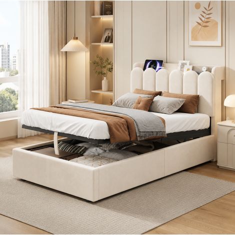 Letto imbottito 90x200 cm in velluto beige con contenitore, testiera multifunzione e luce notturna (1/5)