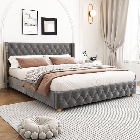 Lit double 140x190 cm, avec tête de lit à boutons et clous décoratifs, sommier à lattes en bois, structure en métal, style classique, lit capitonné - Gris
