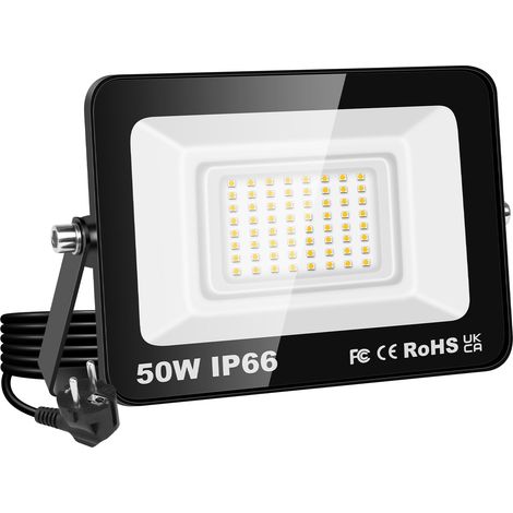 Projecteur LED 50W, étanche IP66, éclairage de sécurité 5000 lm, applique murale extérieure blanc chaud 3000K pour jardin, cour, garage, terrasse, entrepôt, avec prise UE (1 pièce)