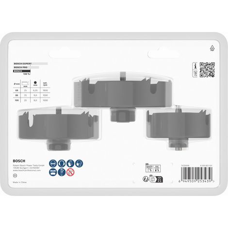 Bosch Set de scies-cloches pour bois et plaques de plâtre avec porte-foret et foret de centrage, 68/86/100x27mm (1/5)