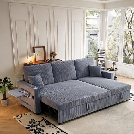 Canapé d'angle modulable gris velours côtelé avec couchage (1/5)